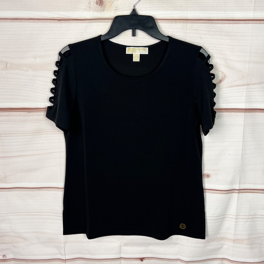 Michael Kors Top Womens Medium Black Knit Blouse Cut Out Sleeve Solid Pullover
